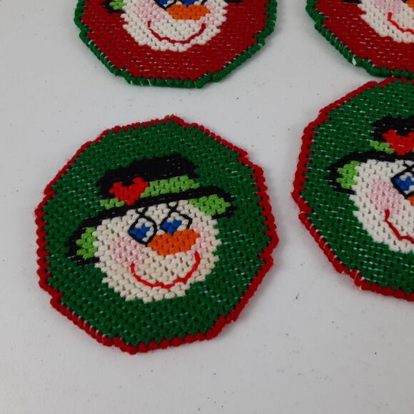 Vintage Handmade Needlepoint Canvas Christmas Coasters with Holder 9 Pc Snowmen - Picture 12 of 16